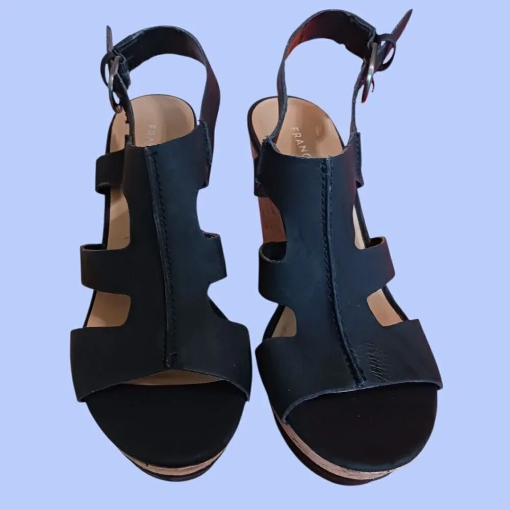 Franco Sarto Black Wedge Sandals Open Toe Cork Wedge Size 8M